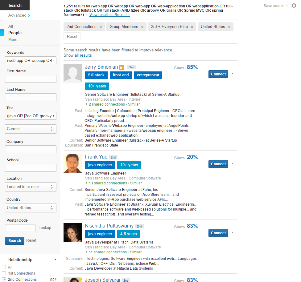 Augmented LinkedIn Boolean Search Results